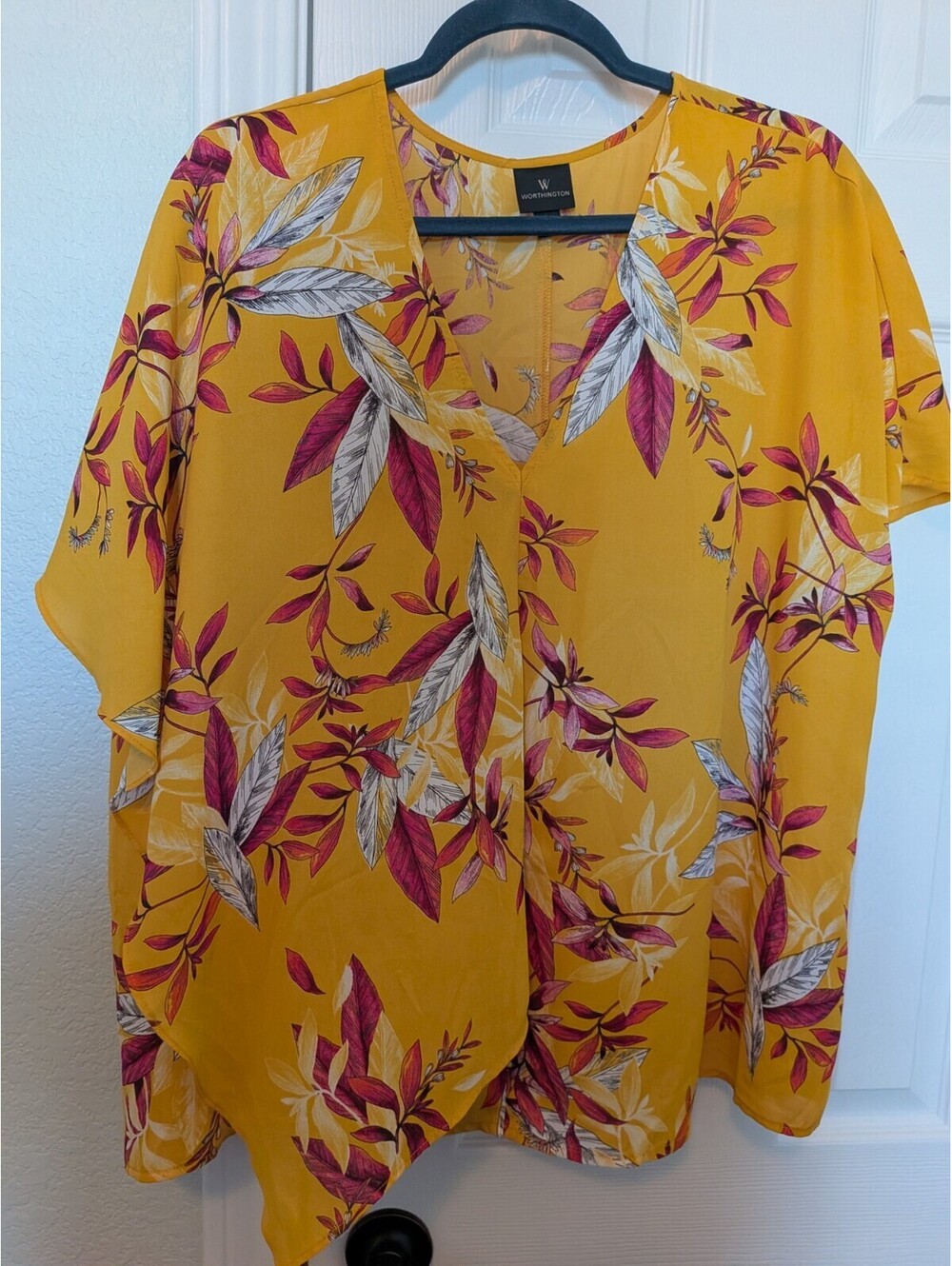 Worthington Women's Yellow Pink White Floral V-Neck Chiffon Blouse XL